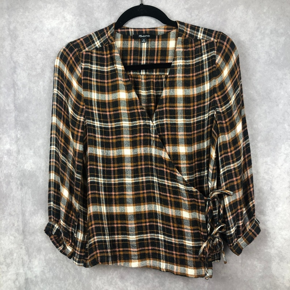 Madewell Shirt Wrap Top Womens XS Blouse Plaid Gauze Double Tie Casual Coastal